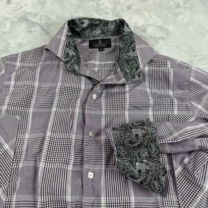 Vittorino Shirt Mens Medium Purple Plaid Button Up Flip Cuff Club Dance